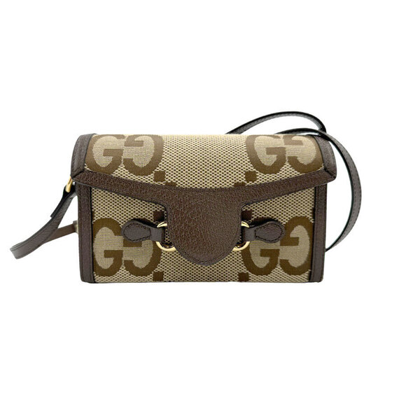 Gucci Handbags - Gucci Horsebit Jumbo GG Canvas Leather Crossbody Bag Gold Brown